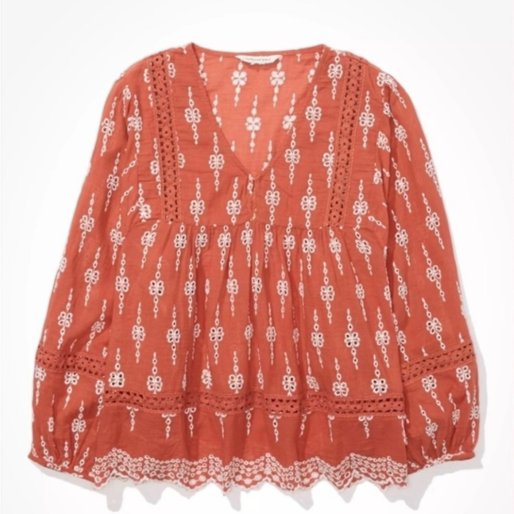 American Eagle Eyelet Boho Babydoll Top - Picture 3 of 9